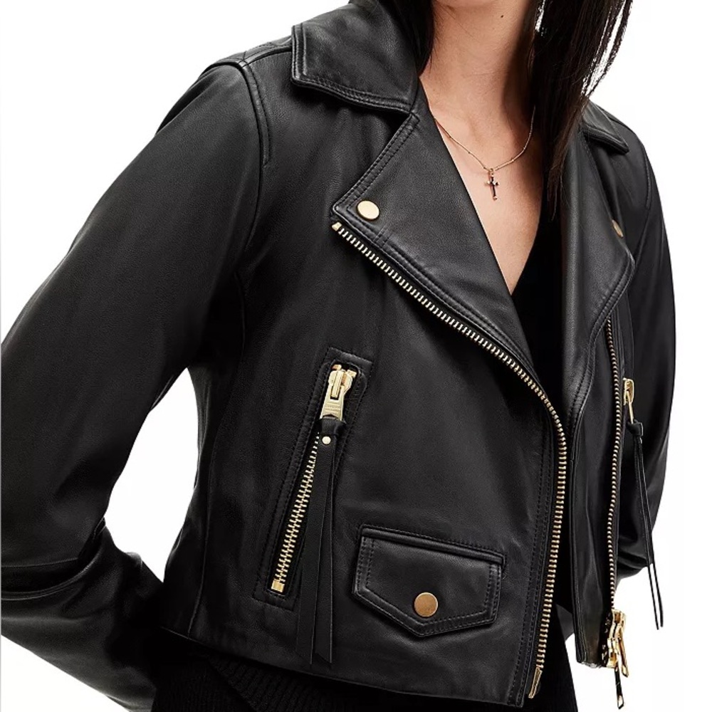 All Saints Elora Cropped Slim Leather Bike Jacket US Size 8